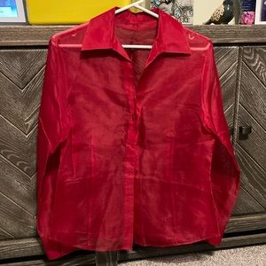 Sheer red button down shirt, no label, fits like a medium.